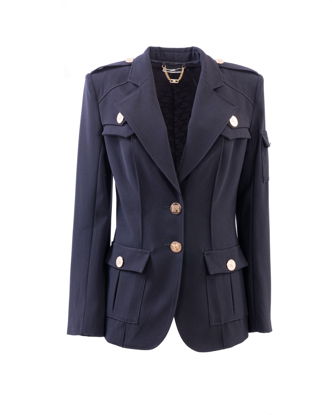 shop ELISABETTA FRANCHI Saldi Giacca: Elisabetta Franchi giacca in crêpe fermo caratterizzata da motivo di tasche e patte sovrapposte.
Fodera in raso.
Spallina imbottita.
Cintura removibile con fibbia in metallo dorato.
Accessorio e bottoni in metallo dorato.
Composizione: 100% Poliestere.
Fabbricato in Italia.. GI07136E2-110 number 7139178